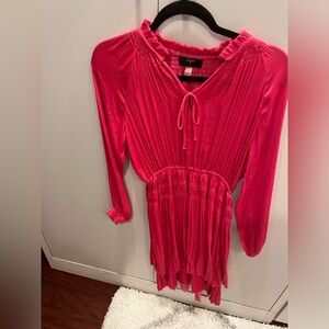 Silk Pink Ruched waist dress with tie neck detail, knee length